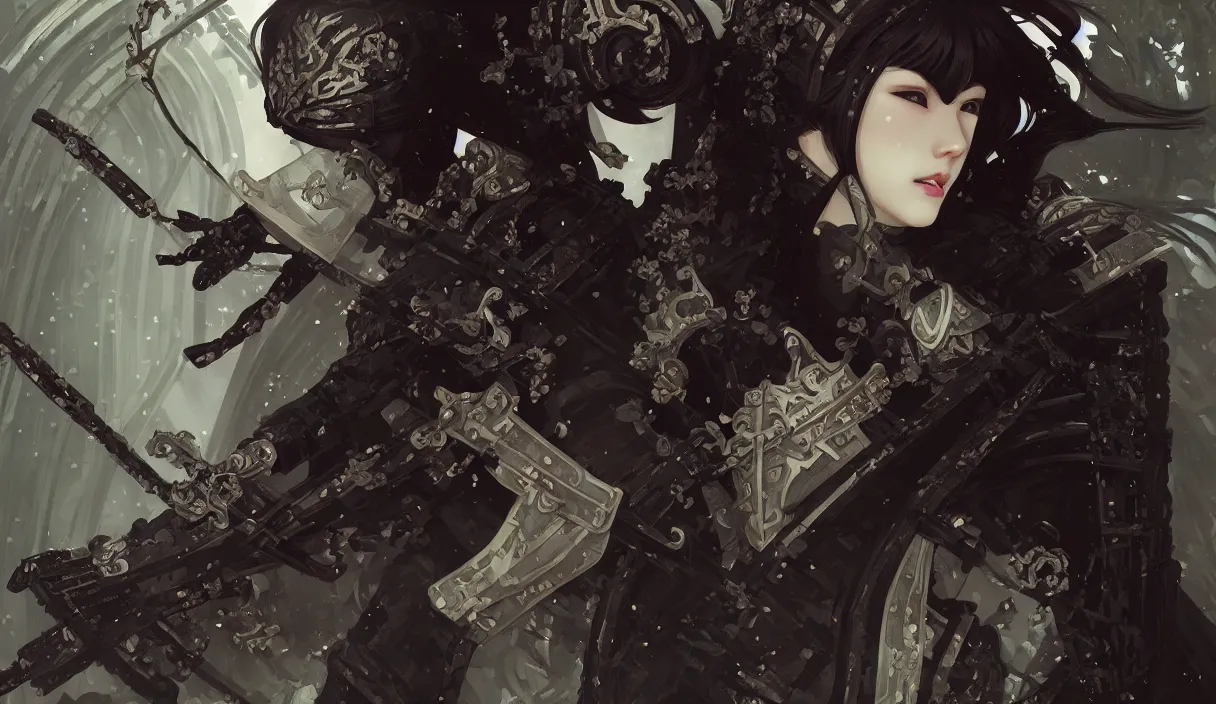 Image similar to portrait ninja gaiden girl, armored black ninja wardrobe, in ruin yasukuni shrine, ssci - fi and fantasy, intricate and beautiful and elegant, digital painting, frostbite engine, artstation, concept art, smooth and sharp focus, illustration, art by tian zi and wlop and alphonse mucha