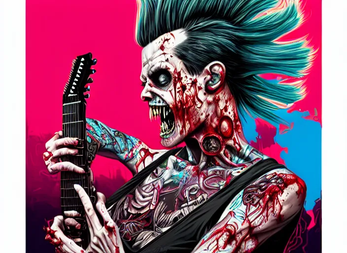 Prompt: a zombie punk rocker with a mohawk holding a stratocaster, tristan eaton, victo ngai, artgerm, rhads, ross draws