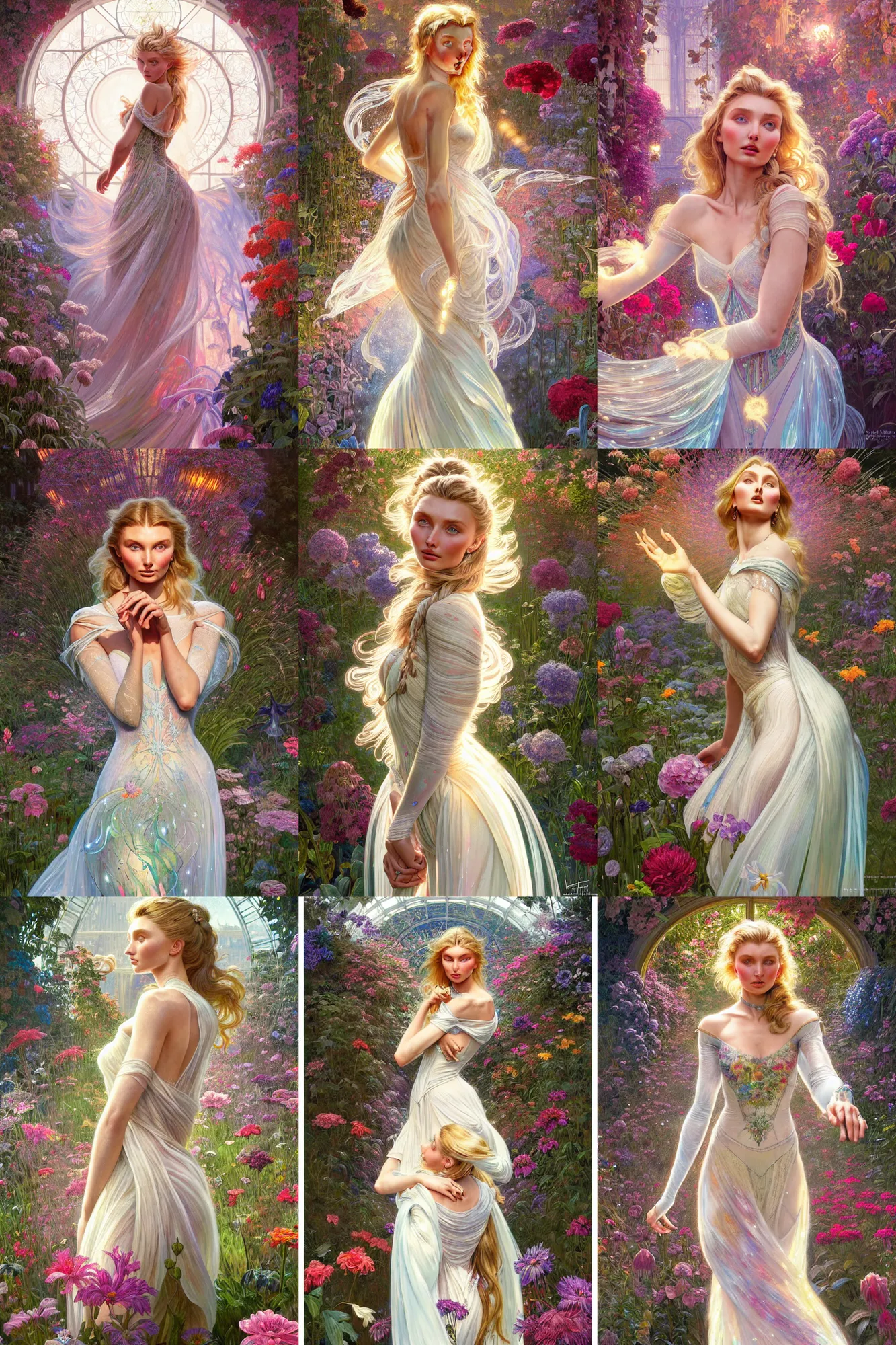 Prompt: clear portrait of elsa hosk, background hyper detailed flower garden, character concept art, dynamic pose, flowing gown, glowing lights!!, intricate, elegant, highly detailed, digital painting, artstation, smooth, lit from above, art by norman rockwell, greg rutkowski and alphonse mucha