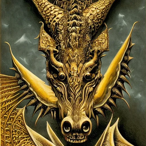 Image similar to a portrait of a dark music dragon, detailed, fantasy, scary, realistic, frightening, ornate, horns, spikes, incredible, masterpiece, amazing, wow!, sense of awe, award winning, greg rutowski, bosch, mc escher, dali