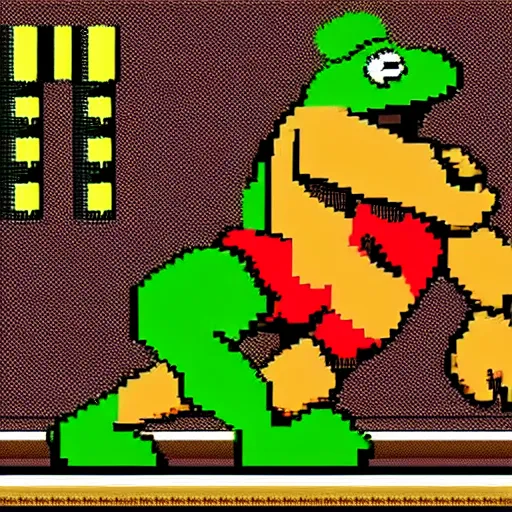 Image similar to 6 4 bit, 8 bit nes graphics. antropomorphic muscular masculine pepe the frog. kickboxer fighter, in shorts. aggressive large head. art from nes game cartridge