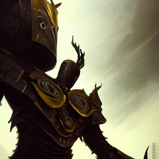 Image similar to anthropomorphic cyberwarrior stands tall wearing black and gold plate armor, oil painting, Tooth Wu, Greg Rutkowski, RPG, dynamic lighting, fantasy art, High contrast, depth of field, landscape, scenery