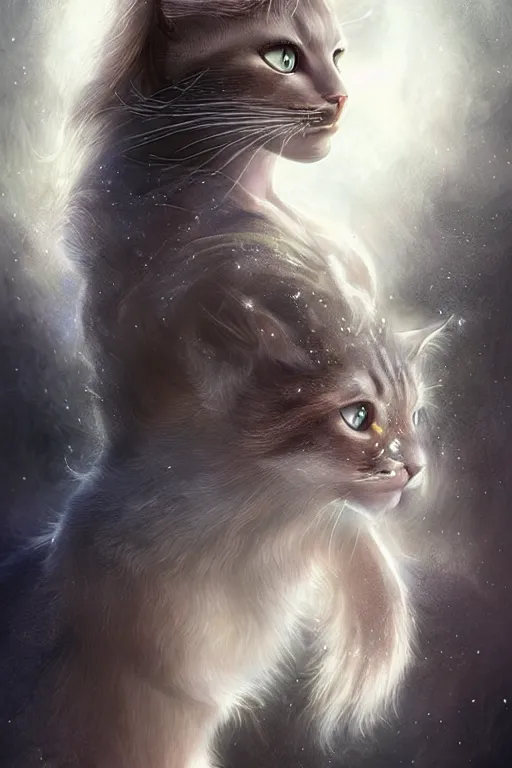 Image similar to majestic beautiful young cat girl goddess!!, ears, tail, intricate, epic, elegant, menacing, fantasy, highly detailed, digital painting, hard focus, beautiful volumetric lighting, epic light, ultra detailed, souls, smoke, by leesha hannigan, ross tran, thierry doizon, kai carpenter, ignacio fernandez rios