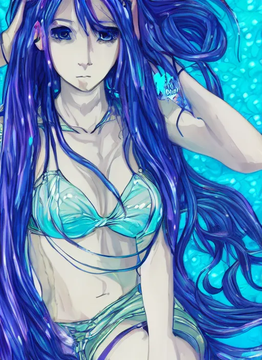 Image similar to a woman with blue hair sitting underwater, a beautiful anime drawing by yuumei, featured on pixiv, rayonism, pixiv, seapunk, very anime anime!! detailed