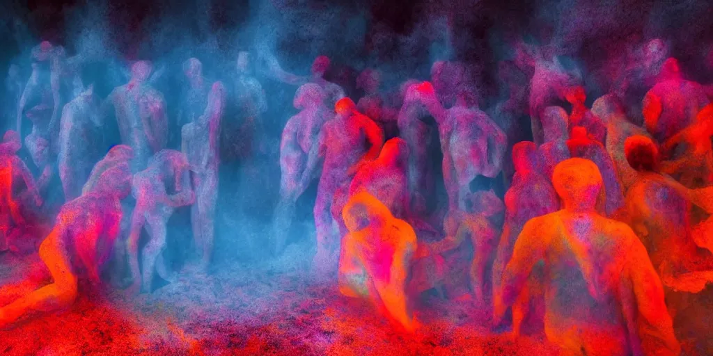 Image similar to love, groups of people in glowing thermal colors, from behind, rebirth, wide angle, cinematic atmosphere, elaborate, highly detailed, thermal heat colors, dramatic lighting