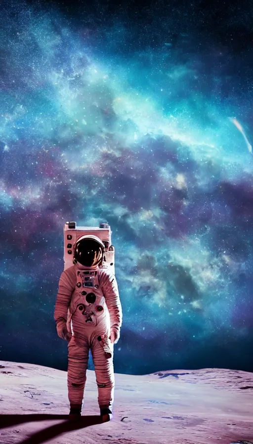 Image similar to an astronaut looking at the horizon of a starry sky, on an alien planet, cinematic, dramatic, color grading, photojournalism, colorful, highly detailed