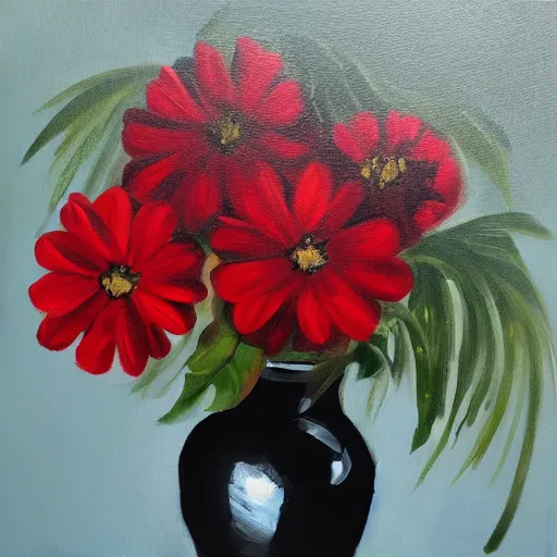 Image similar to oil painting of various red flowers painted on a black background