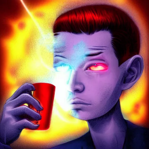 Prompt: A man drinking a cup of cosmic energy bright light by Park Sung-woo Red Ice, 4k, digital art, surreal, anime style,