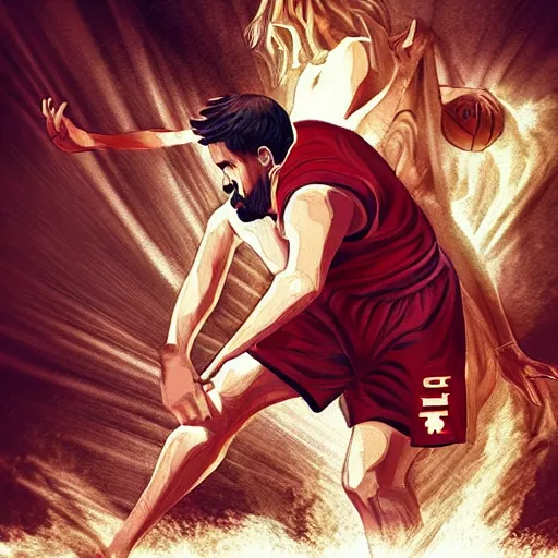 Image similar to Jesus Christ defeating the Devil in a basketball game artstation digital art epic