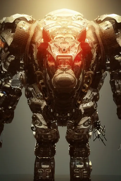 Image similar to a full body shot of a cyborg ( bull ) modeled after a bull looking into the camera, android, cyborg, full body shot, intricate, 3 d, hyper realism, fantasy, depth of field, octane render, symmetrical, highly detailed, digital art, artstation, concept art, cinematic lighting, trending