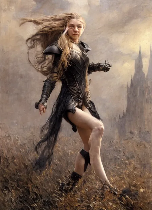 Image similar to natalie dormer wearing black medieval armour, bare legs, detailed, by gaston bussiere, bayard wu, greg rutkowski, giger, maxim verehin, greg rutkowski, masterpiece, sharp focus, cinematic lightning