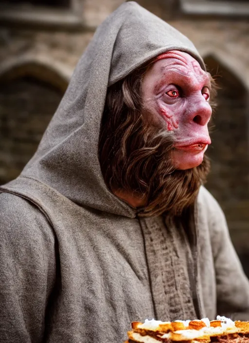 Image similar to closeup profile face portrait of a medieval goblin eating cakes in the cloisters, depth of field, zeiss lens, detailed, symmetrical, centered, fashion photoshoot, by annie leibovitz and steve mccurry, david lazar, jimmy nelsson, breathtaking, 8 k resolution, extremely detailed, beautiful, establishing shot, artistic, hyperrealistic, beautiful face, octane render