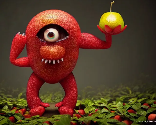 Image similar to a fruit figurine monster made of different fruit, 3 4 5 3 1, walking around in a forest, staring wide open eyes, open mouth, very detailed eyes, trees and flowers, rays of sunlight, oil painting, highly detailed, dramatic lighting, hyperrealistic, 8 k, smooth, intricate, artstation, cgsociety, by artgerm, by wlop