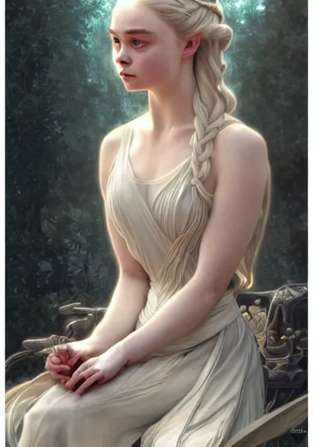 Prompt: daenerys elle fanning, intricate, elegant, highly detailed, digital painting, artstation, concept art, smooth, sharp focus, illustration, art by artgerm and greg rutkowski and alphonse mucha and william - adolphe bouguereau