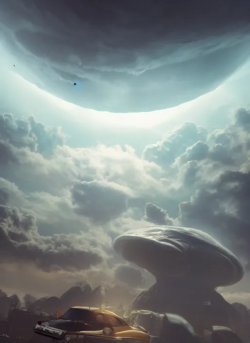 Prompt: eye in the clouds, style of Feng Zhu, Artstation, unique features, volumetric lighting, detailed, octane render, cinematic, 8k, retro sci fi film,