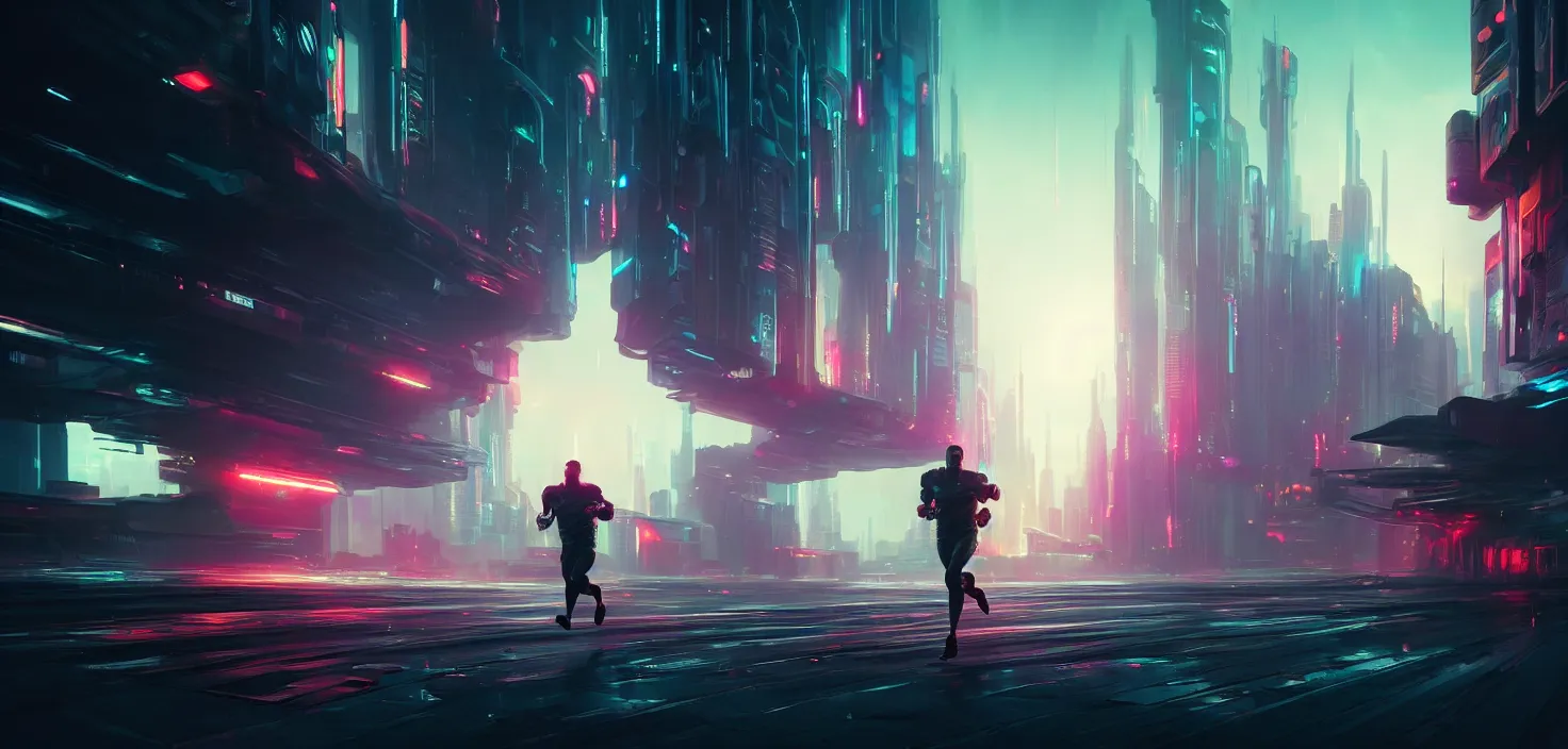 Prompt: cyberpunk concept showing a man running along a futuristic path full of monitors, cinematic view, epic sky, detailed, concept art, low angle, high detail, warm lighting, volumetric, godrays, vivid, beautiful, trending on artstation, by jordan grimmer, huge scene, grass, art greg rutkowski