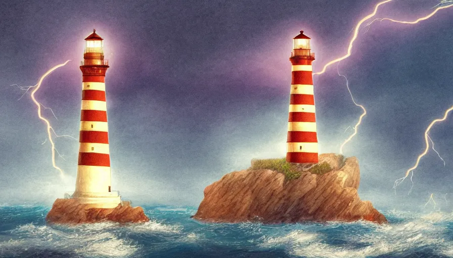 Image similar to a lighthouse being struck by lightning out at sea, digital art, highly detailed, realistic, bright colors, 8 k