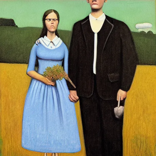 Prompt: margorie taylor greene and matt gaetz, grant wood ’ s american gothic, artistic