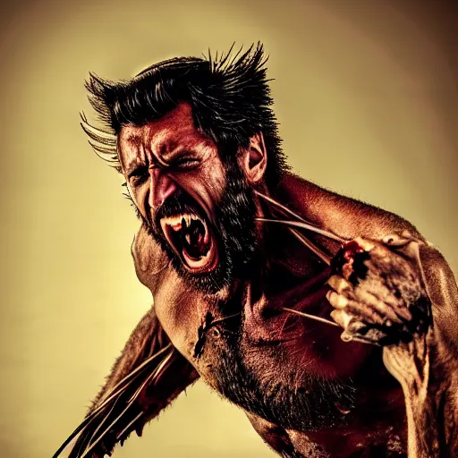 Prompt: the wolverine screaming, zombie, full body shot, butcher by yousuf karsh, golden hour, realistic, body shot, sharp focus, 8 k high definition, insanely detailed, intricate, elegant