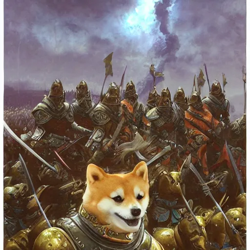 Image similar to anthropomorphic shiba inu is, army of knights wearing armor, anthropomorphic shiba inu medieval banquet, stuning fantasy 3 d render, masterpiece, glowing aura, by donato giancola and greg rutkowski and wayne barlow and zdzisław beksinski, realistic face