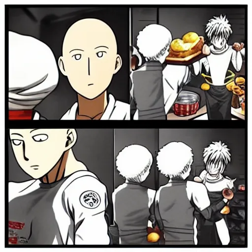 Prompt: one punch man dressed as a baker, in a bakery kitchen, baking french baguette, instagram post, detailed manga style