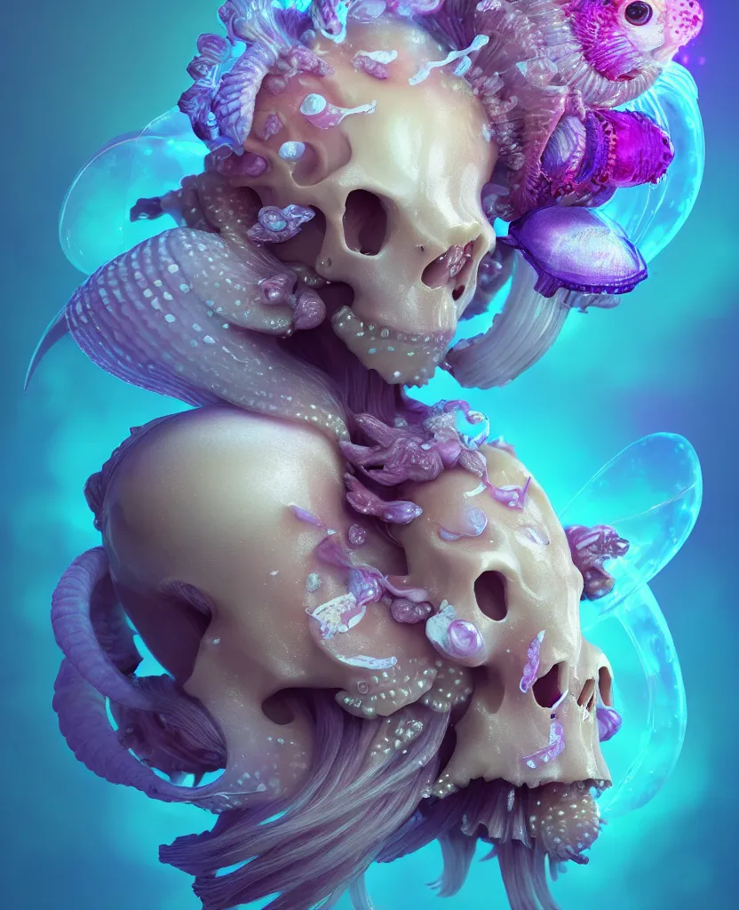 Image similar to goddess princess beautiful face close-up portrait ram skull fluffy toy. jellyfish phoenix head, nautilus, orchid, skull, betta fish, bioluminiscent creatures, intricate artwork by Tooth Wu and wlop and beeple. octane render, trending on artstation, greg rutkowski very coherent symmetrical artwork. cinematic, hyper realism, high detail, octane render, 8k