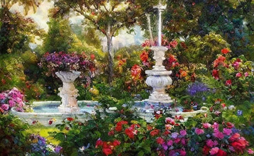 Image similar to Beautiful garden, next to a fountain and a mystical palace. By Konstantin Razumov, horror scene, highly detailded