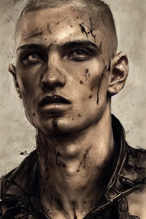 Prompt: a rough looking young man, buzzed hair, gothic, tattered leather coat, intricate, elegant, dramatic lighting, gorgeous face, highly detailed, lifelike, photorealistic, digital painting, artstation, illustration, concept art, smooth, sharp focus, art by John Collier and Albert Aublet and Krenz Cushart and Artem Demura and Alphonse Mucha