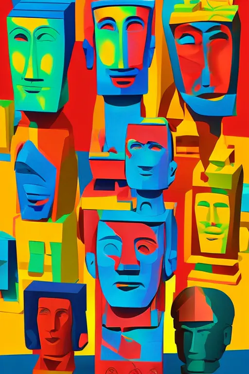 Image similar to cubist moai statue cutout digital illustration cartoon colorful beeple