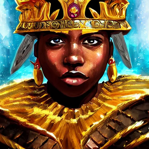 Image similar to a young black boy dressed like an african moorish warrior in gold armor and a crown with a ruby, posing with a very ornate glowing electric spear!!!!, in a thunderstorm, for honor character digital illustration portrait design, by android jones in a psychedelic fantasy style, dramatic lighting, hero pose, wide angle dynamic portrait