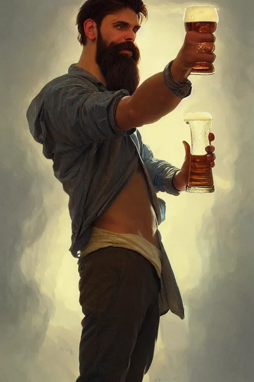 Image similar to a young man holding a beer giving a thumbs up with a long beard, real life skin, intricate, elegant, highly detailed, artstation, concept art, smooth, sharp focus, art by artgerm and greg rutkowski and alphonse mucha