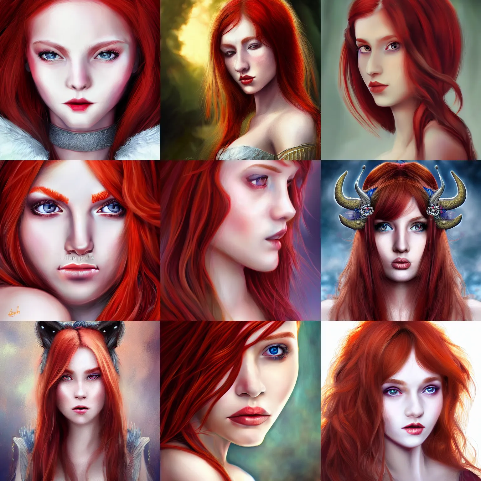 Prompt: close up portrait of a beautiful young red haired female with small white horns, digital fantasy art