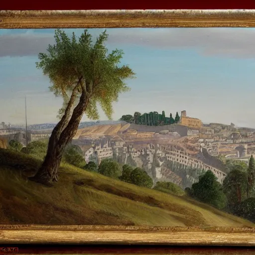 Image similar to a very detailed painting of a hill, ancient rome stands behind it in the distance, thick brush strokes, visible layers of paint.