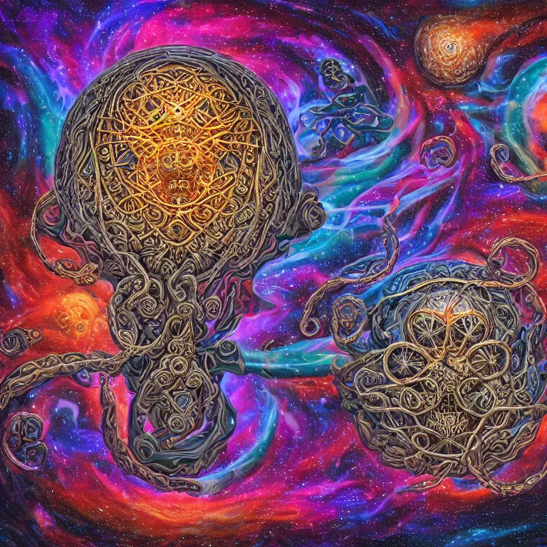 Prompt: a symmetrical intricate hexagonal metal contraption with finely structured nylon string structures with skulls with ornate rune carvings and braided lovecraftian tentacles by dan mumford, colorful twirling smoke trails, a twisting vortex of dying galaxies, collapsing stars and supernovae, digital art, photorealistic, vivid colors, highly detailed, intricate