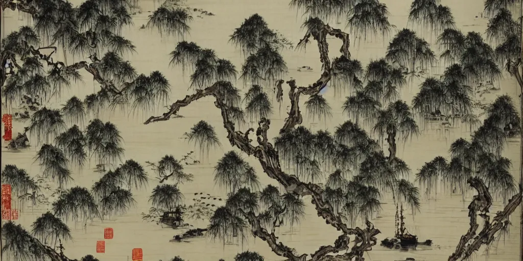 Prompt: The courtyard is like stagnant water and empty, with algae and cypresses in the water, covered with bamboo and cypress shadows, Chinese style painting