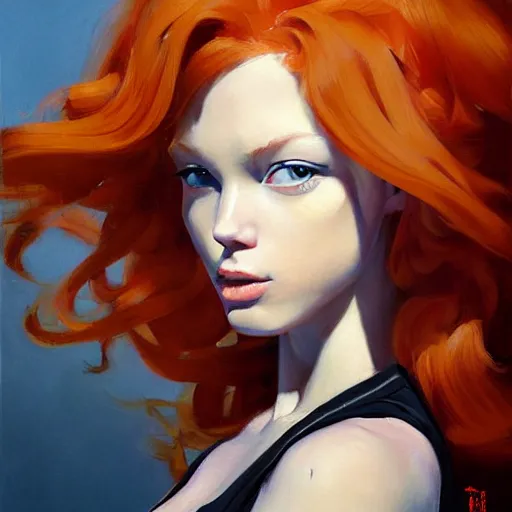 Image similar to greg manchess portrait painting of ginger girl!!! long curly hair!! black eyes!! evil, sad! with a ginger cat as overwatch character, medium shot, asymmetrical, profile picture, organic painting, sunny day, matte painting, bold shapes, hard edges, street art, trending on artstation, by huang guangjian and gil elvgren and sachin teng