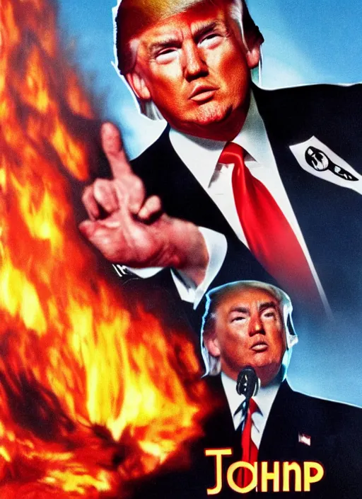 Image similar to an 8 0's john alvin action movie poster of donald trump starring in trumpster fire. explosions.