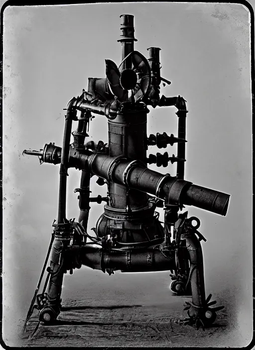 Prompt: 1 8 8 5 photo of a steampowered riveted turret from portal 2, gatling gun, daguerrotype, high quality