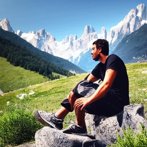 Prompt: digital painting of a software developer sitting outside in front of a modern campus building with beautiful mountains in the background, summer, alps, 4k, unreal, digital health, award winning, digital nomad, outdoor, solarpunk