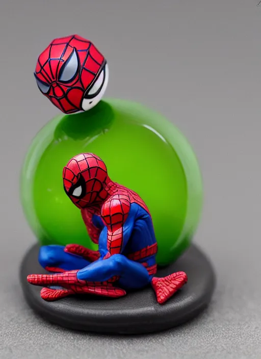 Prompt: 80mm resin detailed miniature spiderman, sitting on a football, pouting, Product Introduction Photos, 4K, Full body,