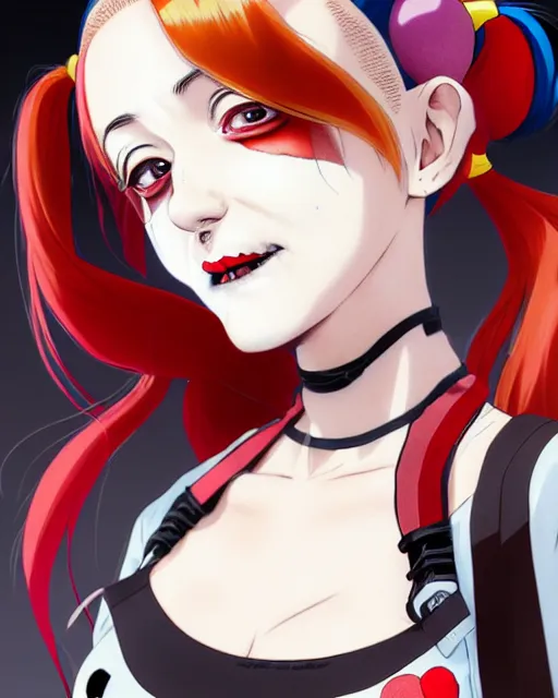 Image similar to portrait Anime as modern harley-quinn character girl cute-fine-face, brown-red-hair pretty face, realistic shaded Perfect face, fine details. Anime. hair-pigtails, clown black-red outfit realistic shaded lighting by Ilya Kuvshinov katsuhiro otomo ghost-in-the-shell, magali villeneuve, artgerm, rutkowski, WLOP Jeremy Lipkin and Giuseppe Dangelico Pino and Michael Garmash and Rob Rey