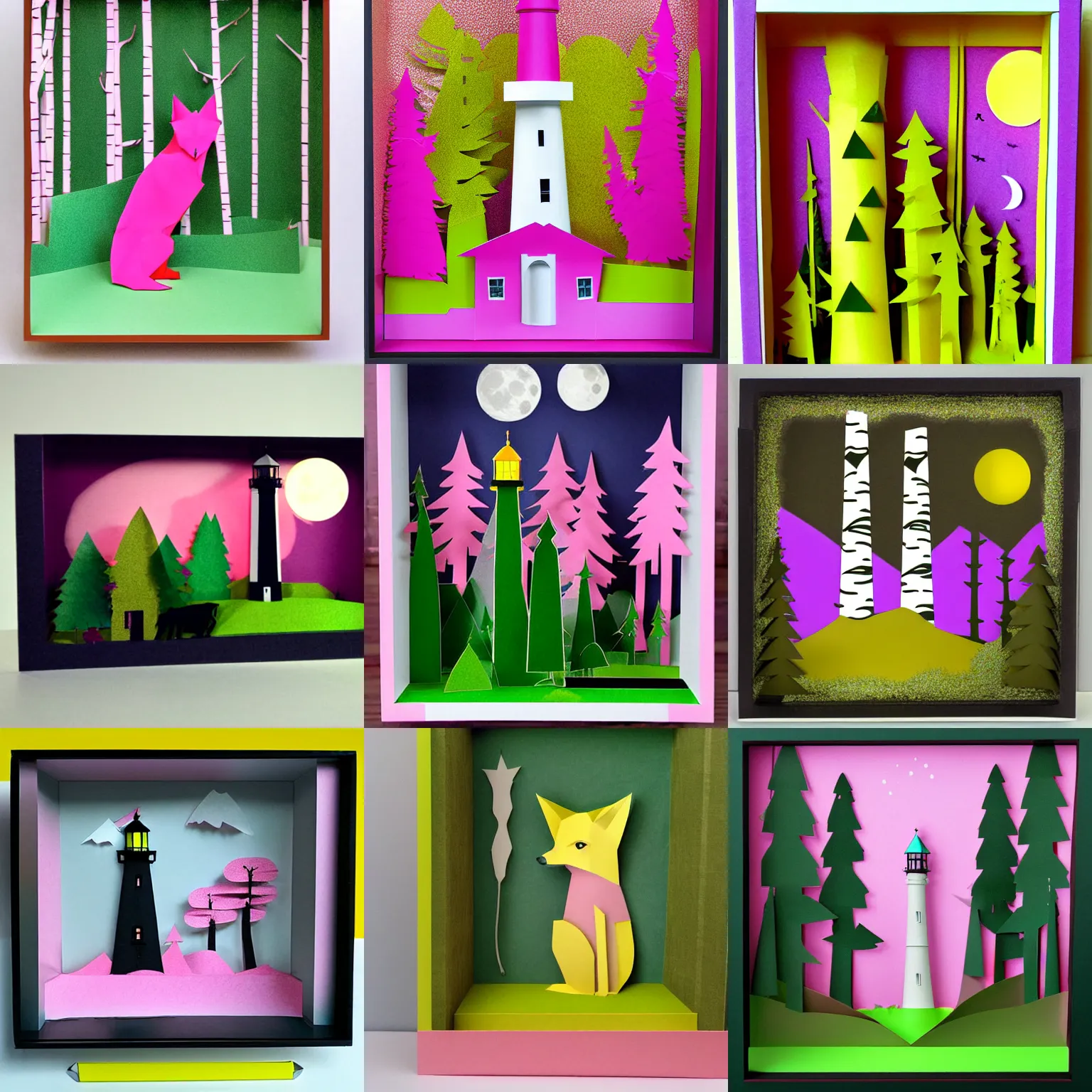 Prompt: a chartreuse fox in a forest of pink birch trees moon lighthouse 3d flat layered paper shadow box