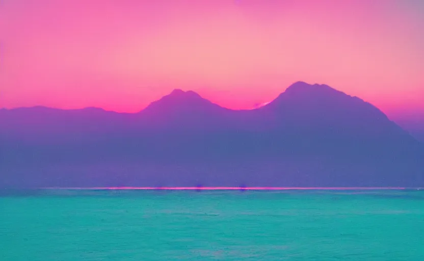 Image similar to beatiful landscape of the beach and mountains behind, vaporwave, sunset, photo