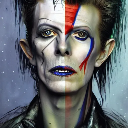 Prompt: stunning portrait of gaunt david bowie a ( the cure fan ) as dream from sandman, dim stars as eyes, by jeremy mann, by cedric peyravernay, by by russ mills, by richard avedon and ben templesmith, dramatic lightning, sadness, dark eye sockets, in the shadows, punk rock, gothic, high detailed, 8 k