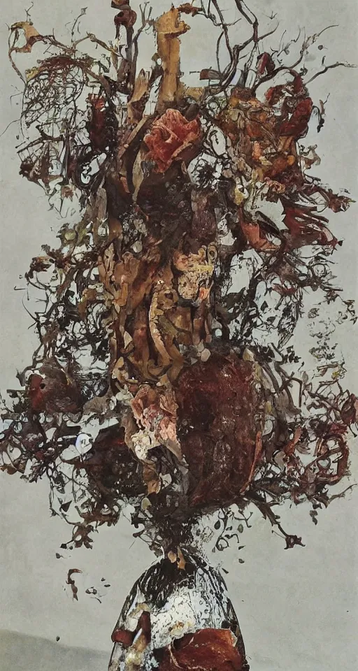 Image similar to Human flesh, bones, rotten meat and rusted metal arranged inside a flower vase