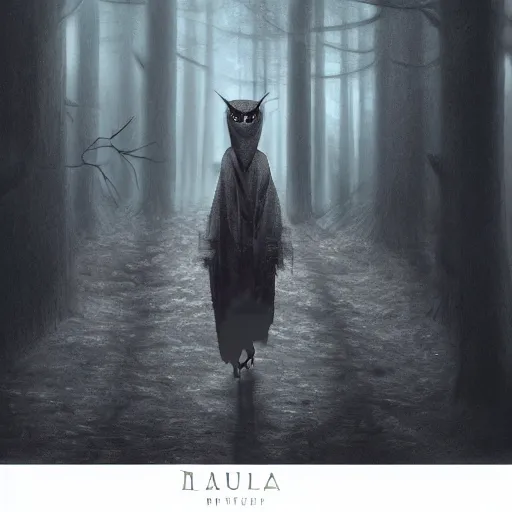 Prompt: goddess of owls, humanoid, hooded, masked, feathered robes, ritual in a forest, devouring, dark, moody, fog, concept art