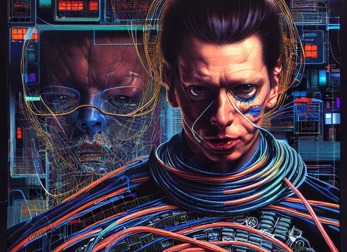 Prompt: full body concept art portrait of the cyberpunk man coding, a lot of cables around by ayami kojima, by francis bacon, by amano, by karol bak, greg hildebrandt, by mark brooks, by alex grey, by zdzisław beksinski, by takato yamamoto, vintage style, wrapped thermal background, high resolution, ultra detailed