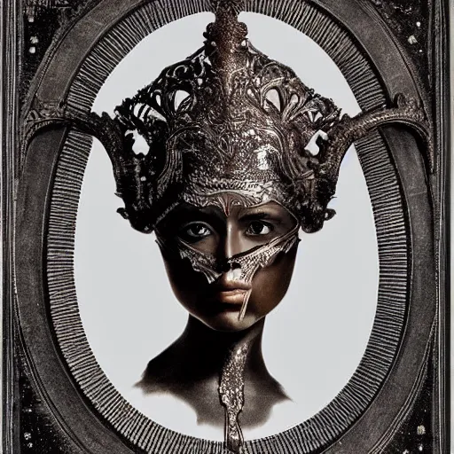 Prompt: A portrait of an attractive young female wearing an ornate metallic helmet, beautiful bone structure,symmetrical facial features,elegant,highly detailed,illustration