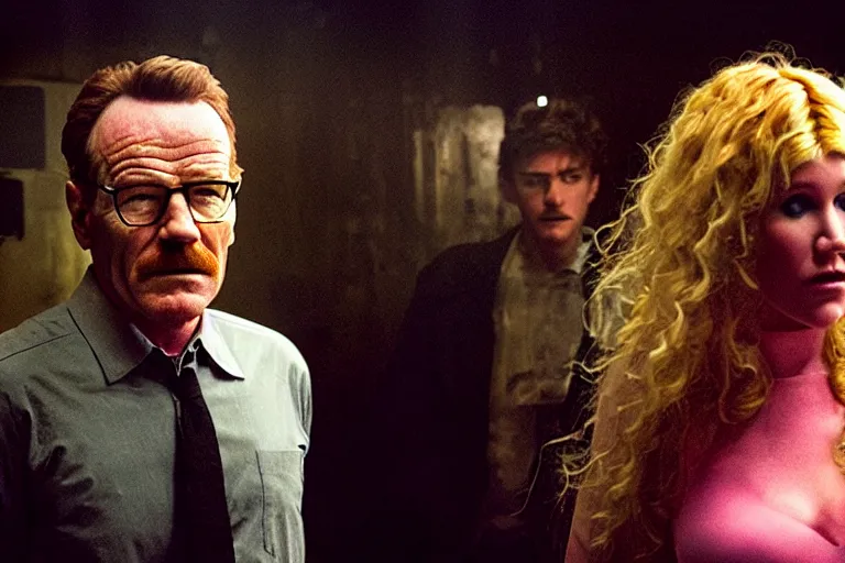 Image similar to film still of bryan cranston and kesha in cosmic horror! the musical by david cronenberg, budapest street background, 3 5 mm film, atmospheric, ultra fine detail, film grain, photorealistic, hyperrealistic dramatic lighting