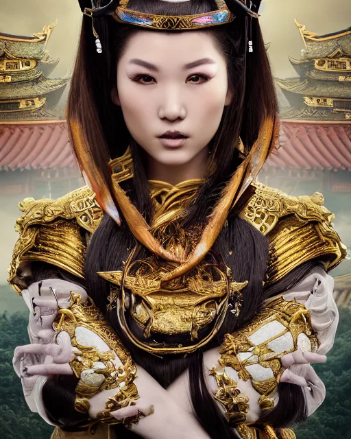 Prompt: full body portrait fashion editorial of beauty charming woman as a warrior godly princess in feudal japan making a sacrifice at the top of the Asian temple, clear makeup, clean hair, dry skin, clear skin, airbrushed, bright eye makeup, femine warrior body, photo by mario testino, 8k octane render, cinematic, hyper detailed, micro details, insanely detailed, trending on artstation, concept art, Peter Paul Rubens and Peter Mohrbacher style